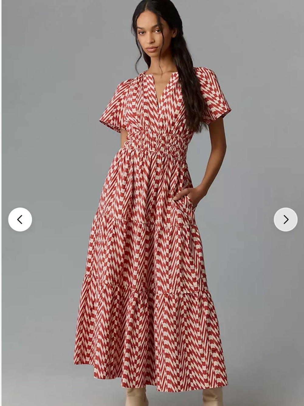 Anthropologie Red & Cream Patterned V‑Neck Tiered Maxi Dress